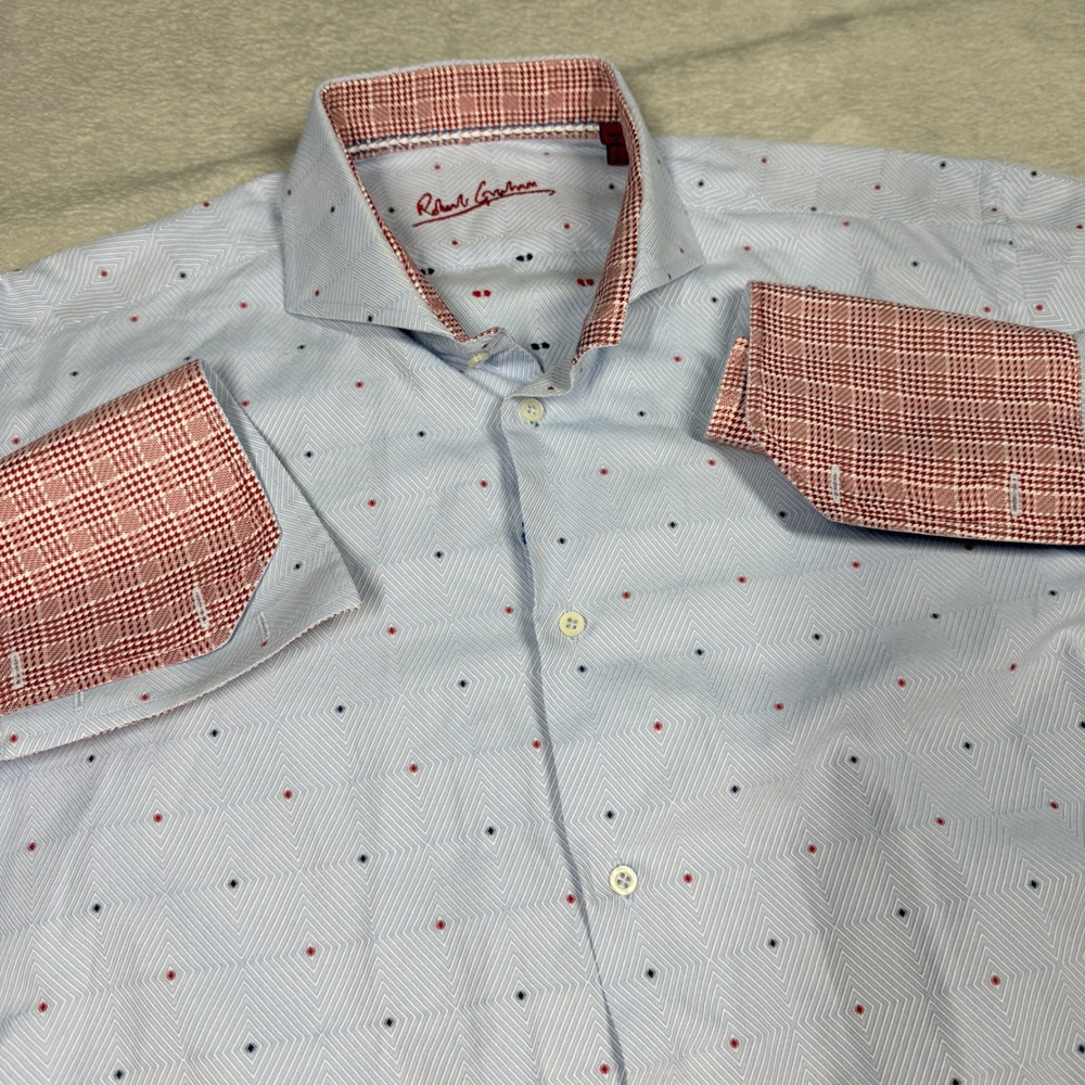 Robert Graham Mens Light Blue Geometric Pattern Dress‎ Shirt Size XL French Cuff